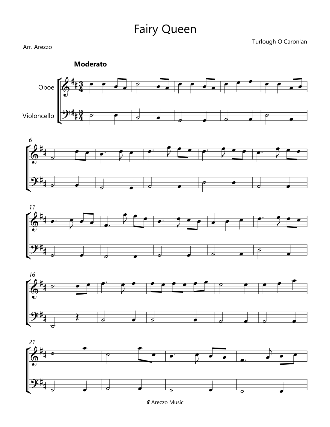 Turlough'o Carolan Fairy Queen Oboe and Cello Sheet Music (arr. Arezzo Music)