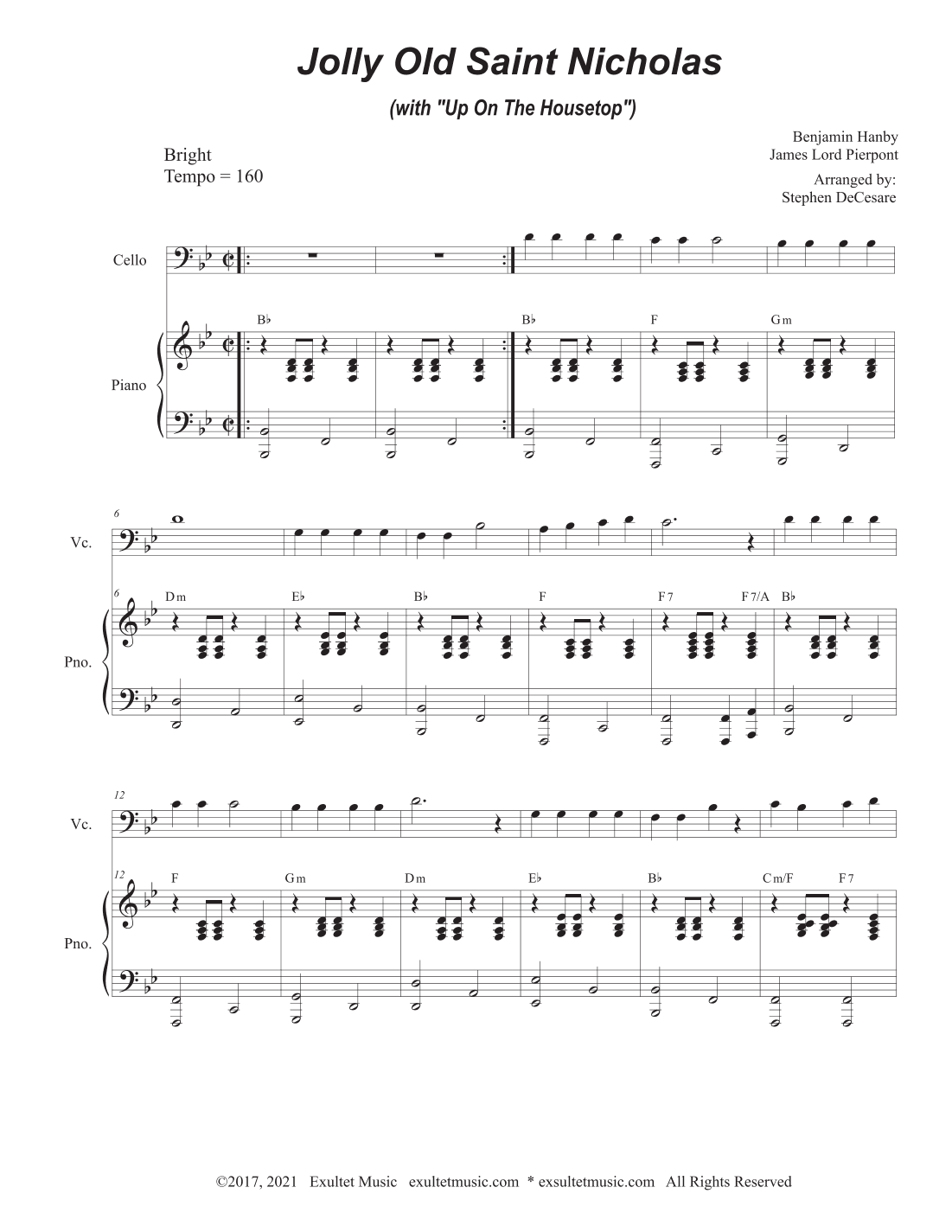 Jolly Old Saint Nicholas (with "Up On The Housetop") (Cello solo and Piano) (arr. Stephen DeCesare)