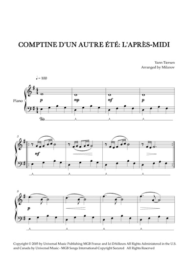 Comptine D'un Autre Été: L'après-midi (arr. Milanov)