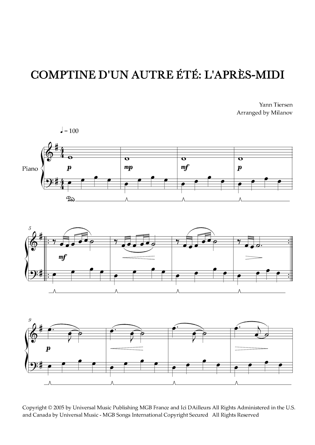 Comptine D'un Autre Été: L'après-midi (arr. Milanov)
