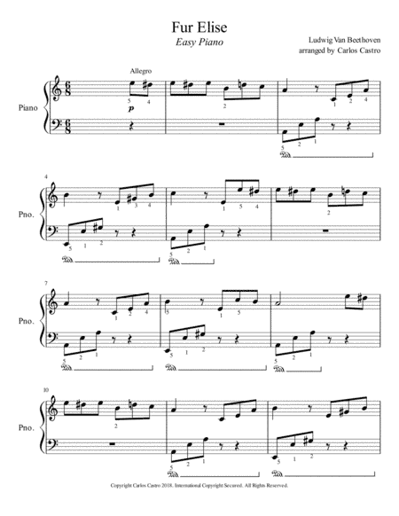 Fur Elise.   Easy Piano. (arr. Carlos Castro)