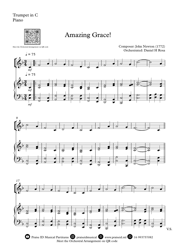 Amazing Grace How Sweet the sound - Easy C Trumpet and Piano (arr. Daniel H Rosa)