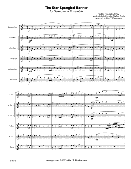 THE STAR-SPANGLED BANNER for SAXOPHONE ENSEMBLE (S-A-A-T-B-Bs) (arr. Glen Poehlmann)