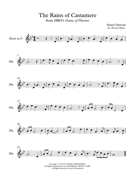 The Rains Of Castamere (arr. Brenna Hines)