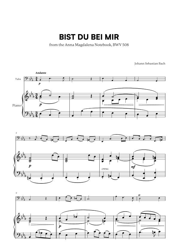 Bist du bei Mir (BWV 508) (for Tuba and Piano) (arr. Cadenza Editions)