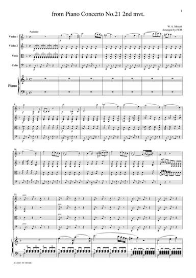 Mozart from Piano Concerto No.21 2nd mvt., for Piano Quintet, PM902 (arr. FC MUSIC)