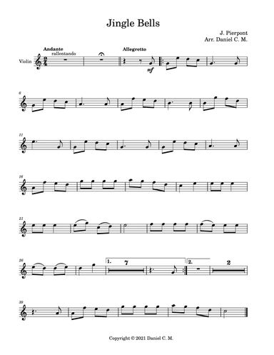 Jingle Bells for violin and piano (easy) (arr. Daniel C. M.)