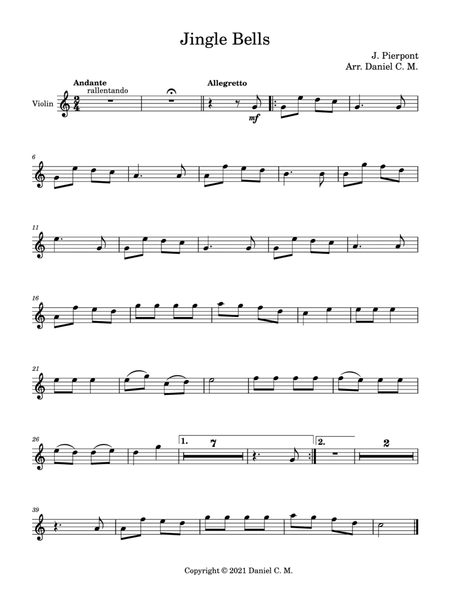 Jingle Bells for violin and piano (easy) (arr. Daniel C. M.)