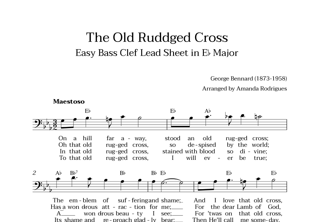 The Old Rugged Cross in Eb Major - Easy Bass Clef Lead Sheet (arr. Amanda Cerqueira Rodrigues)