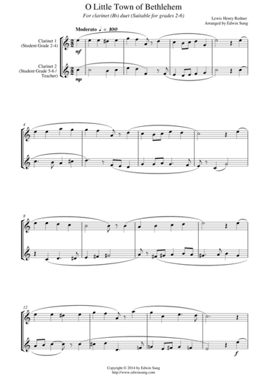 O Little Town of Bethlehem (for clarinet (Bb) duet, suitable for grades 2-6) (arr. Edwin Sung)