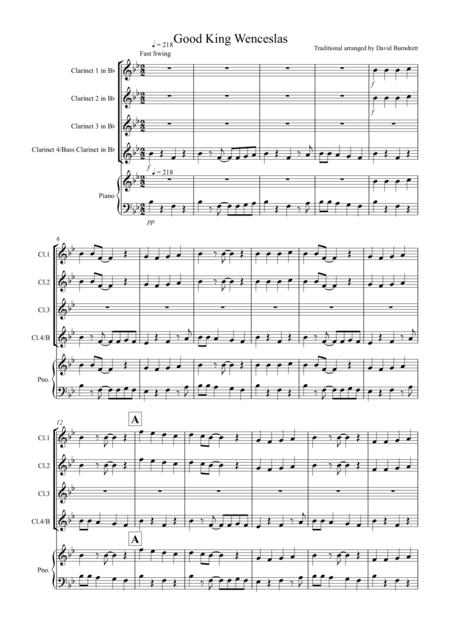 Good King Wenceslas (Jazzy Style!) for Clarinet Quartet (arr. David Burndrett)