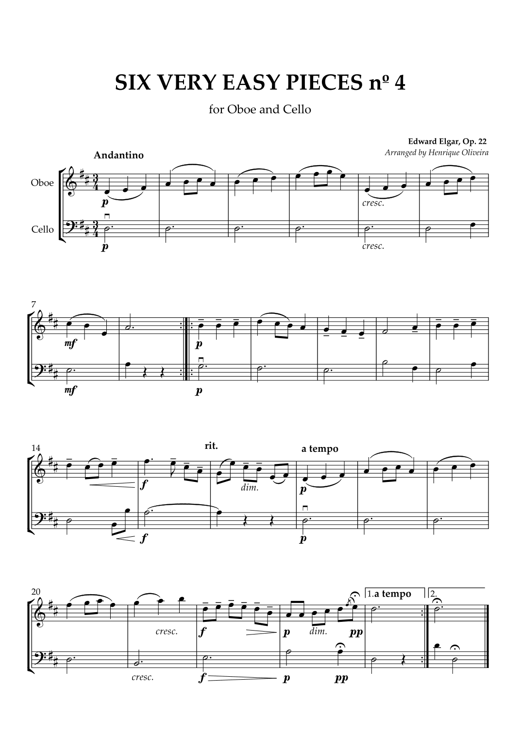 Six Very Easy Pieces nº 4 (Andantino) - Oboe and Cello (arr. Henrique Oliveira)
