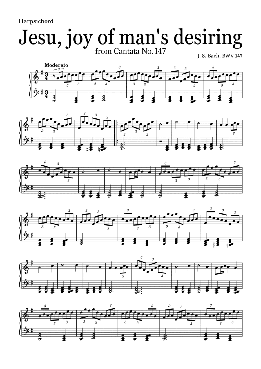 JESU, JOY OF MAN'S DESIRING by Bach - easy version for Harpsichord and chords (arr. Leyandder Trustworthy)