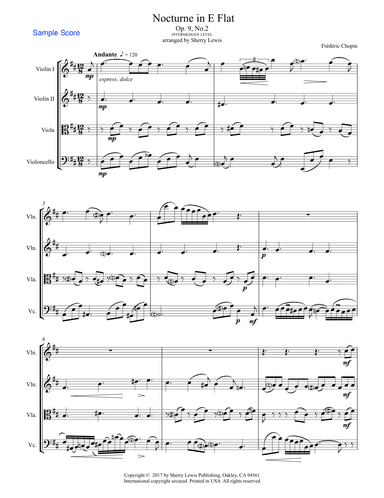 NOCTURNE Op.9 No.2 String Quartet Intermediate Level for 2 violins, viola and cello (arr. Sherry Lewis Publishing)