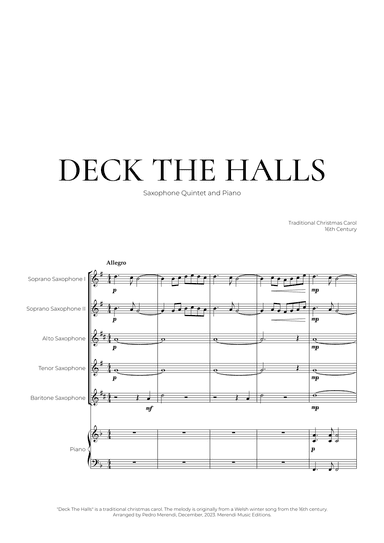 Deck The Halls (Saxophone Quintet and Piano) - Christmas Carol (arr. Pedro Merendi)