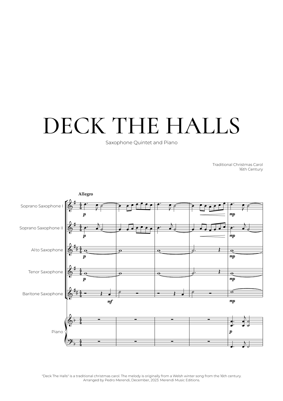 Deck The Halls (Saxophone Quintet and Piano) - Christmas Carol (arr. Pedro Merendi)
