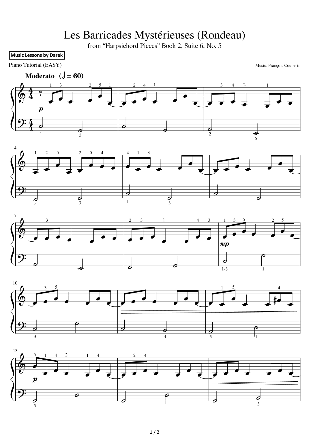 Les Barricades Mystérieuses (Rondeau) (EASY PIANO) from “Harpsichord Pieces” Book 2, Suite 6, No. 5 (arr. Darek)