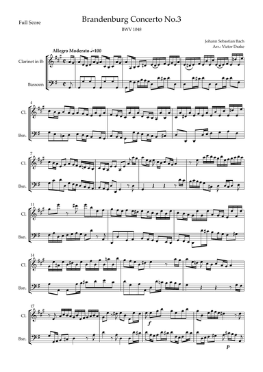 Brandenburg Concerto No. 3 in G major, BWV 1048 1st Mov. (J.S. Bach) for Clarinet & Bassoon Duo (arr. Victor Drake)