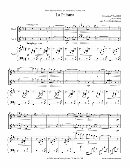 La Paloma - 2 Flutes and Piano (arr. Anne L Christopherson GRSM ARCM)