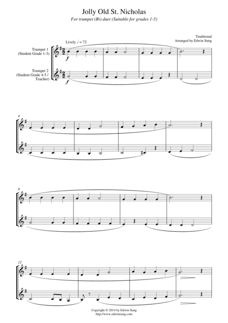 Jolly Old St. Nicholas (for trumpet (Bb) duet, suitable for grades 1-5) (arr. Edwin Sung)