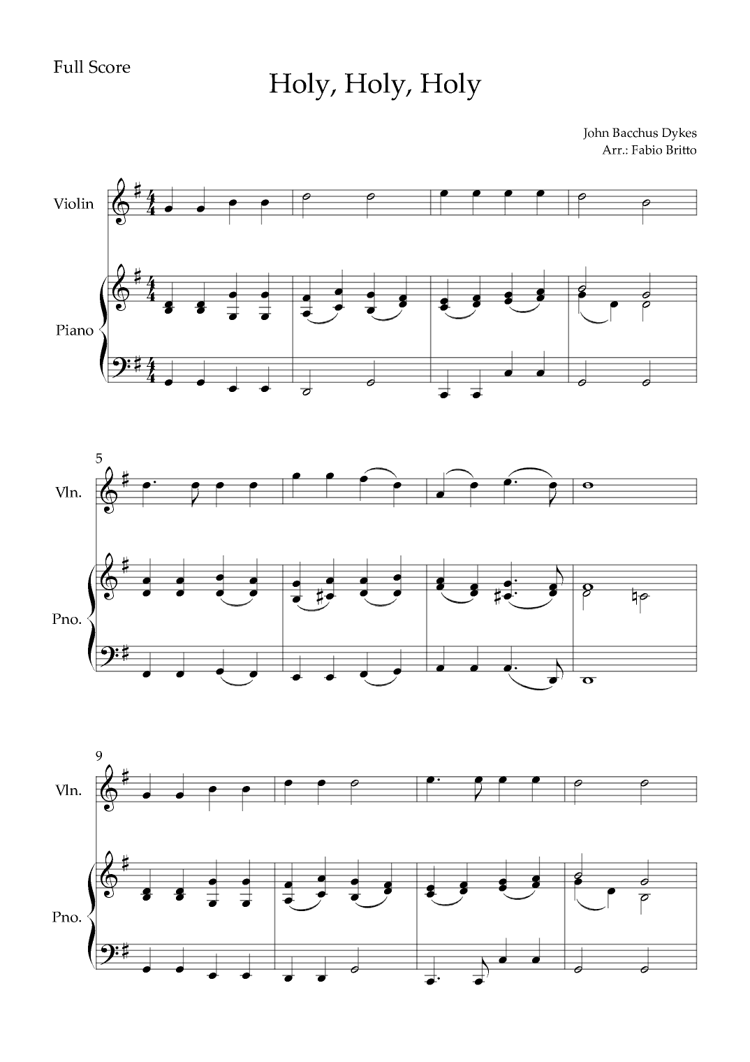 Holy, Holy, Holy (Traditional Christian Song) for Violin Solo and Piano Accompaniment (arr. Fabio Britto)