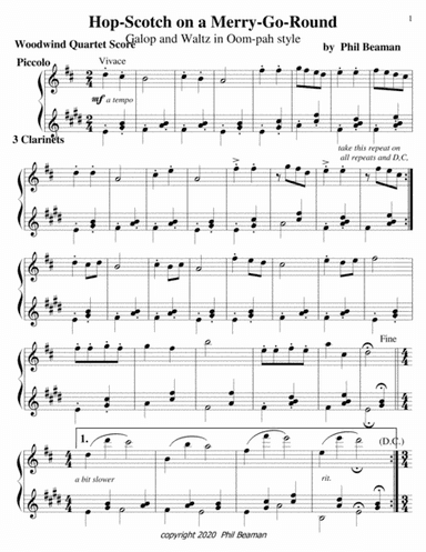 Hop-Scotch on a Merry-Go-Round, Galop and Waltz in Oom-pah style, woodwind quartet-piccolo, clarinet