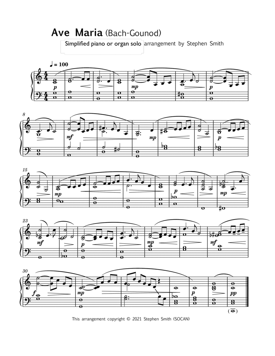 Ave Maria (Bach-Gounod) - Simplified Keyboard Solo (arr. Stephen Smith)