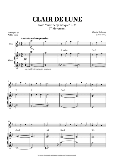 Clair de Lune - Flute and Piano + CHORDS (arr. Valdir Maia)