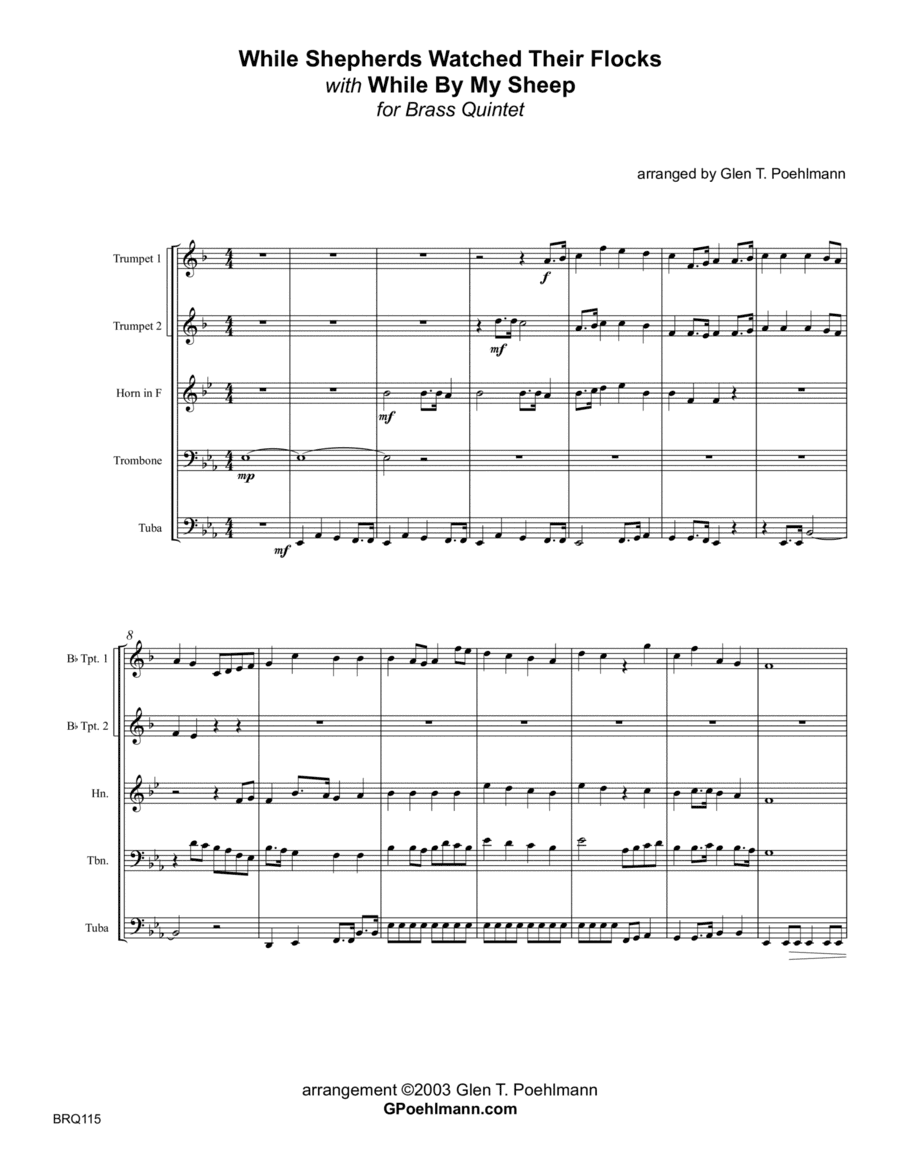 WHILE SHEPHERDS WATCHED THEIR FLOCKS with WHILE BY MY SHEEP - BRASS QUINTET (unaccompanied) (arr. Glen Poehlmann)