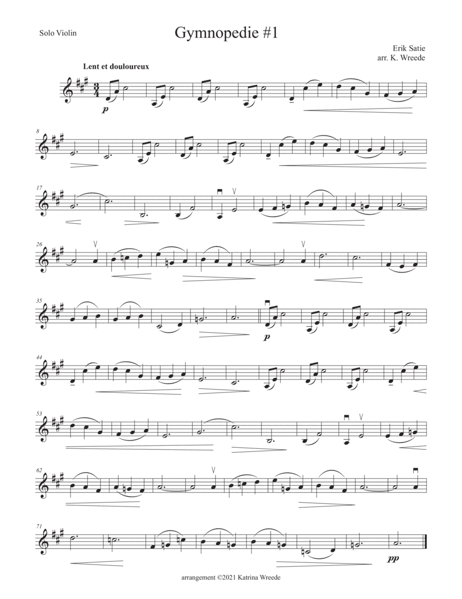 Gymnopedie #1 for solo violin (arr. K. Wreede)
