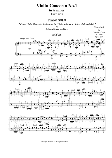 JS Bach Violin Concerto BWV 1041-3_Allegro assai-Piano solo (arr. Santino Cara)
