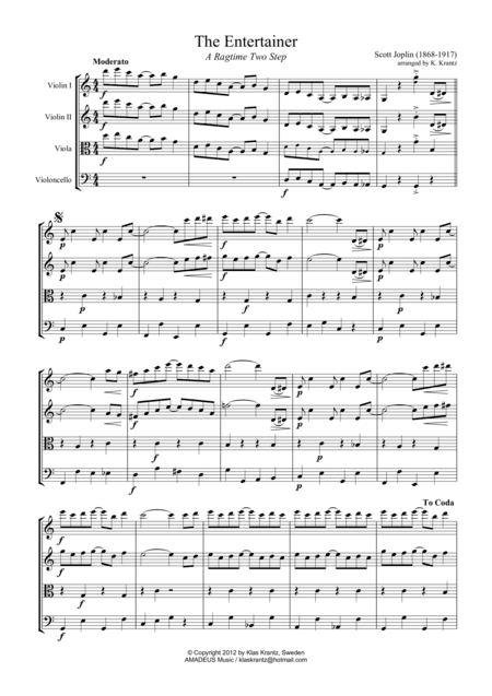 The Entertainer, Ragtime (easy, abridged) for string quartet (arr. Klas Krantz)