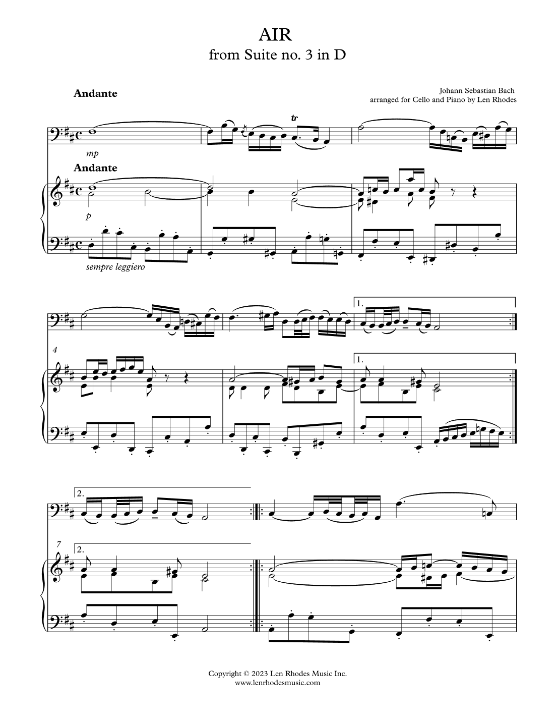 Bach - 'Air' from Suite no. 3 in D, for Cello and Piano (arr. Len Rhodes)