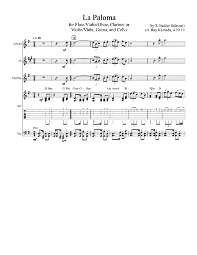 La Paloma for Flute or Violin or Oboe; Clarinet or Violin or Viola; Guitar; and Cello (arr. Ray Kamada)