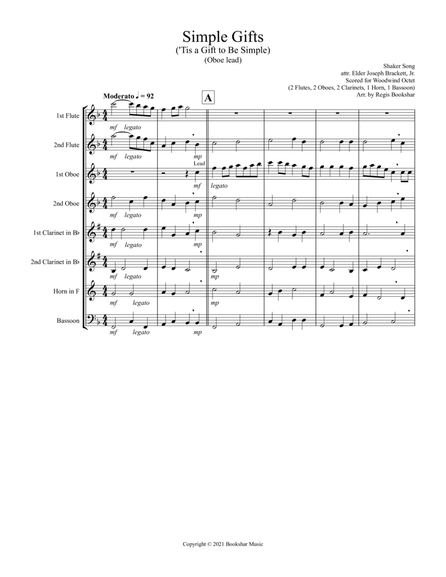 Simple Gifts ('Tis the Gift to Be Simple) (F) (Woodwind Octet - 2 Flute, 2 Oboe, 2 Clar, 1 Hrn. 1 Ba (arr. Regis Bookshar)