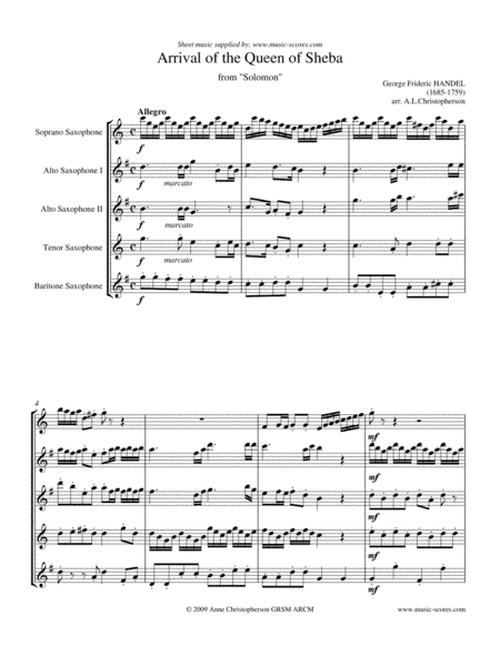 Handel: Arrival of the Queen of Sheba - Sax Quintet (Soprano Sax, 2 Altos, Tenor and Baritone) (arr. Anne L Christopherson)