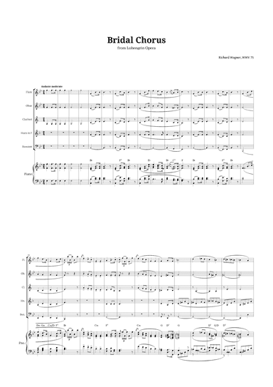 Bridal Chorus by Wagner for Woodwind Quintet and Piano with Chords (arr. Langanho)