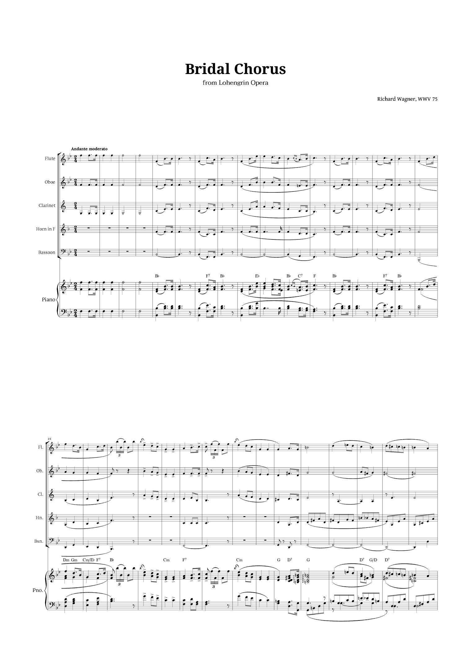 Bridal Chorus by Wagner for Woodwind Quintet and Piano with Chords (arr. Langanho)