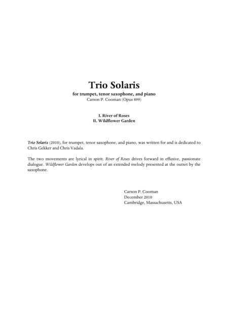 Carson Cooman - Trio Solaris (2010), for trumpet, tenor saxophone, and piano