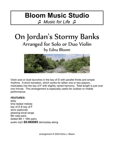 On Jordan's Stormy Banks - violin solo or duo (arr. Edna J. Bloom)