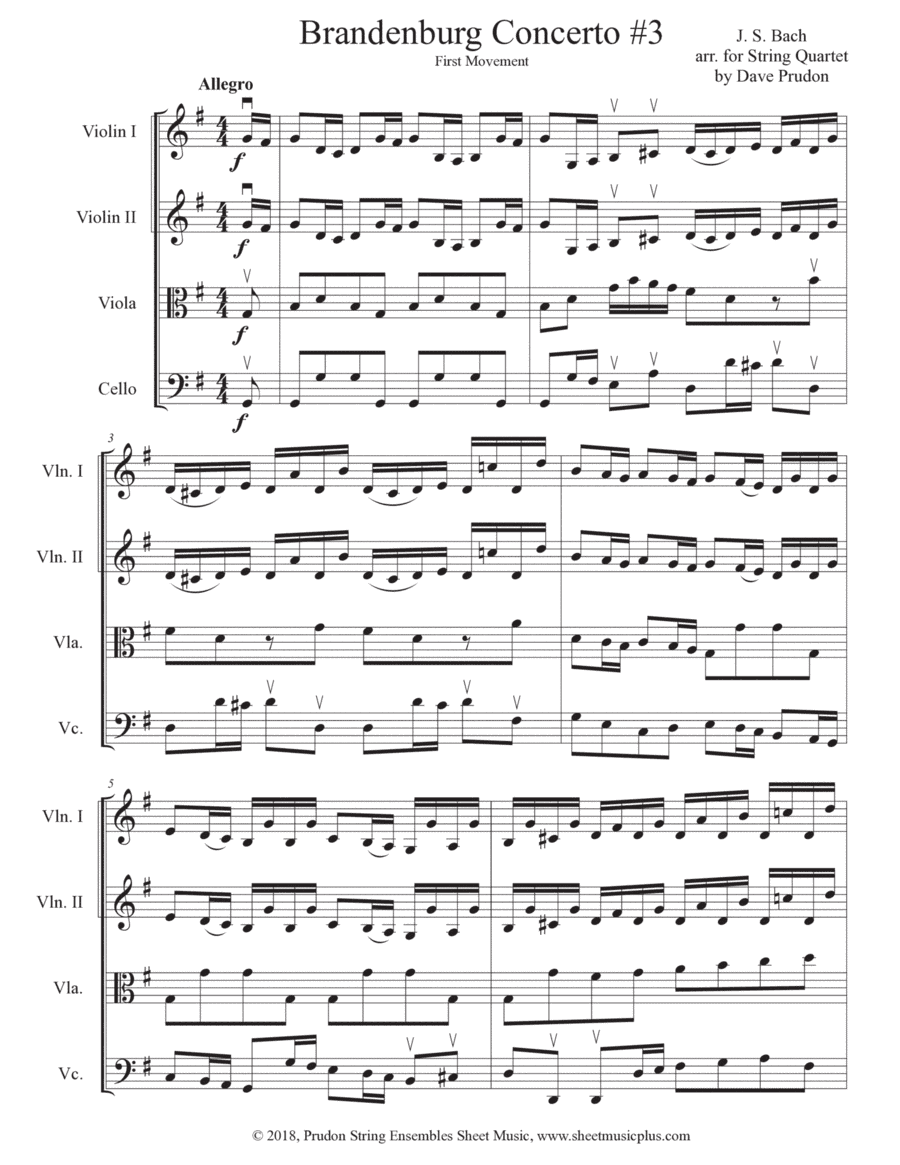 Brandenburg Concerto #3, 1st Mvt. for String Quartet (arr. Dave Prudon)