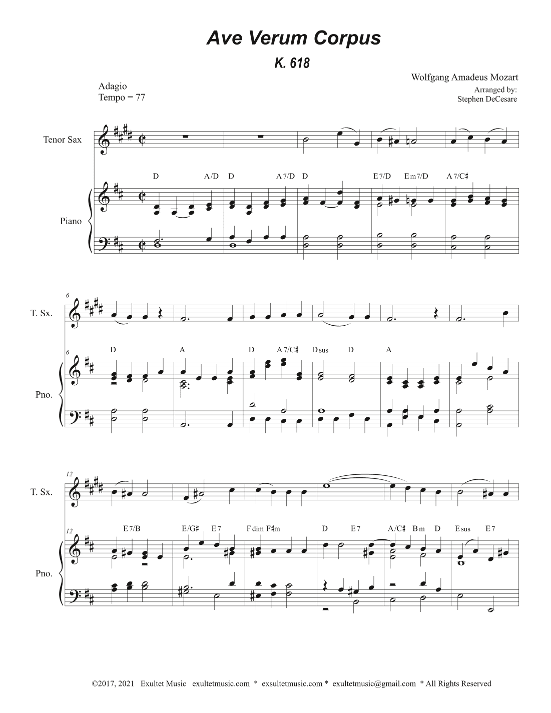 Ave Verum Corpus (Tenor Saxophone - Piano Accompaniment) (arr. Stephen DeCesare)