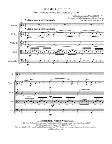 Laudate Dominum from "Vesperae solenne de confessore" K.399 for Solo Soprano and String Quartet (arr. Joel Jacklich (ASCAP))