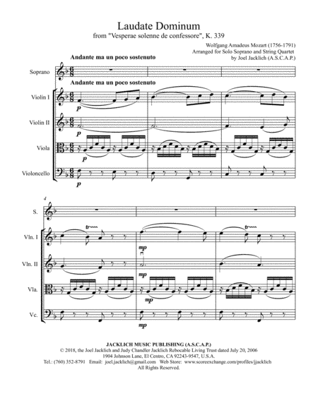 Laudate Dominum from "Vesperae solenne de confessore" K.399 for Solo Soprano and String Quartet (arr. Joel Jacklich (ASCAP))