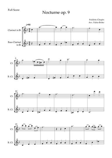 Nocturne Op.9 No. 2 (Frédéric Chopin) for Clarinet in Bb & Bass Clarinet in Bb Duo (arr. Fabio Britto)
