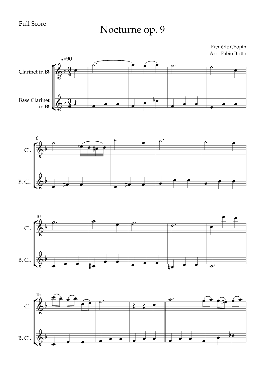 Nocturne Op.9 No. 2 (Frédéric Chopin) for Clarinet in Bb & Bass Clarinet in Bb Duo (arr. Fabio Britto)