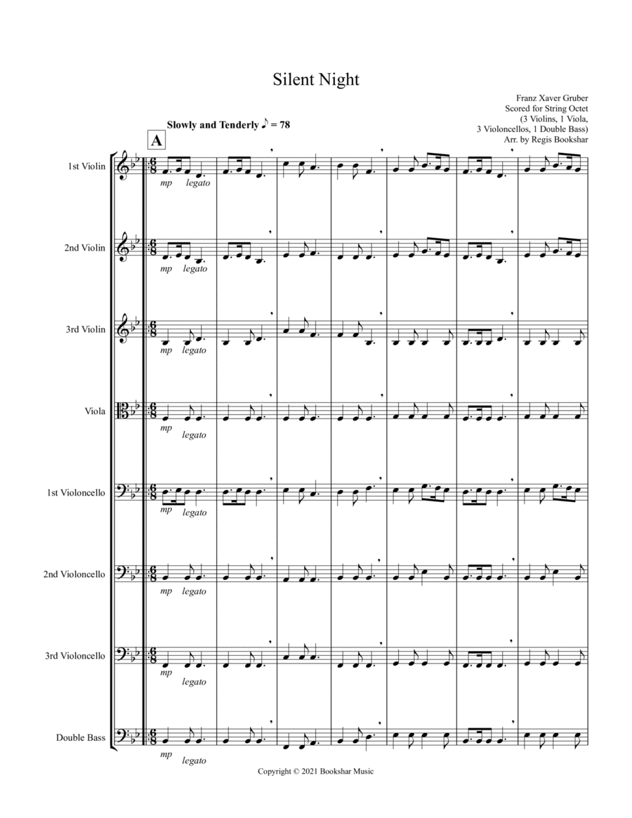 Silent Night (Bb) (String Octet - 3 Violins, 1 Viola, 3 Cellos, 1 Bass) (arr. Regis Bookshar)