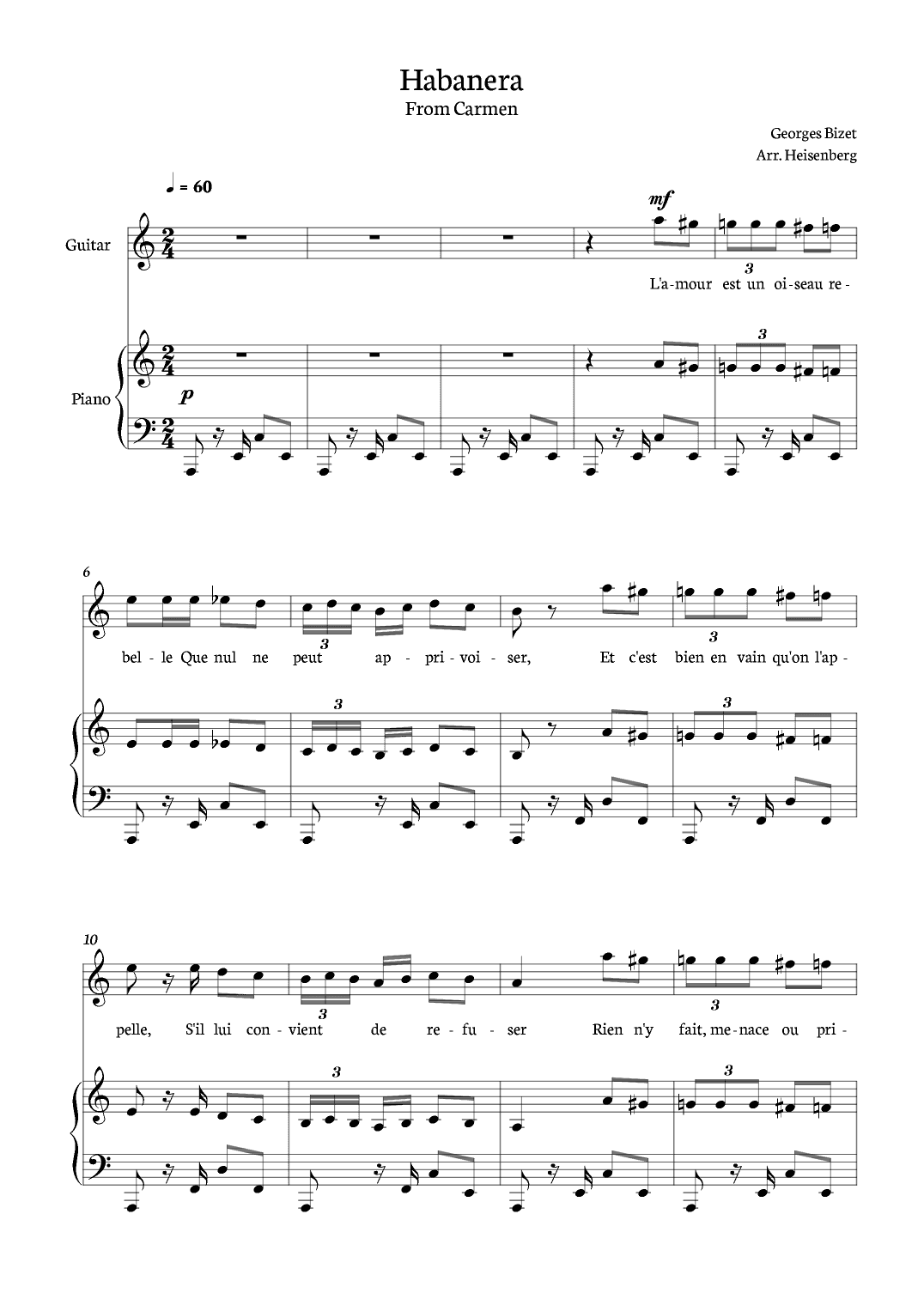 Habanera from Carmen for Classical Guitar with piano. (arr. Heisenberg)