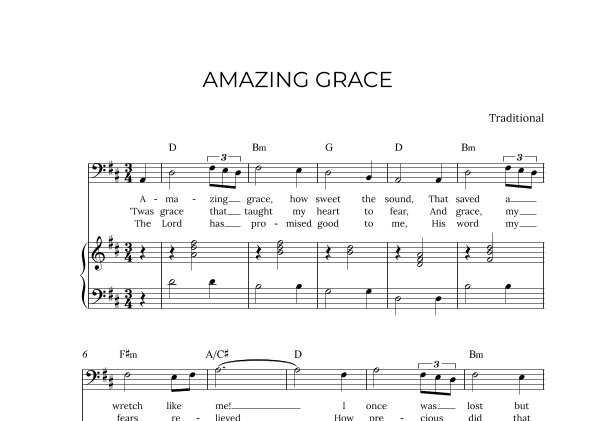AMAZING GRACE - for piano and baritone in D major with chords (arr. Alex Nunes Rodrigues)