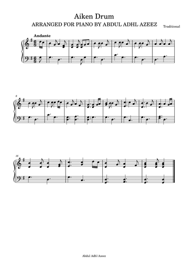 Aiken Drum Piano Easy Beginner (arr. Abdul Adhl Azeez)